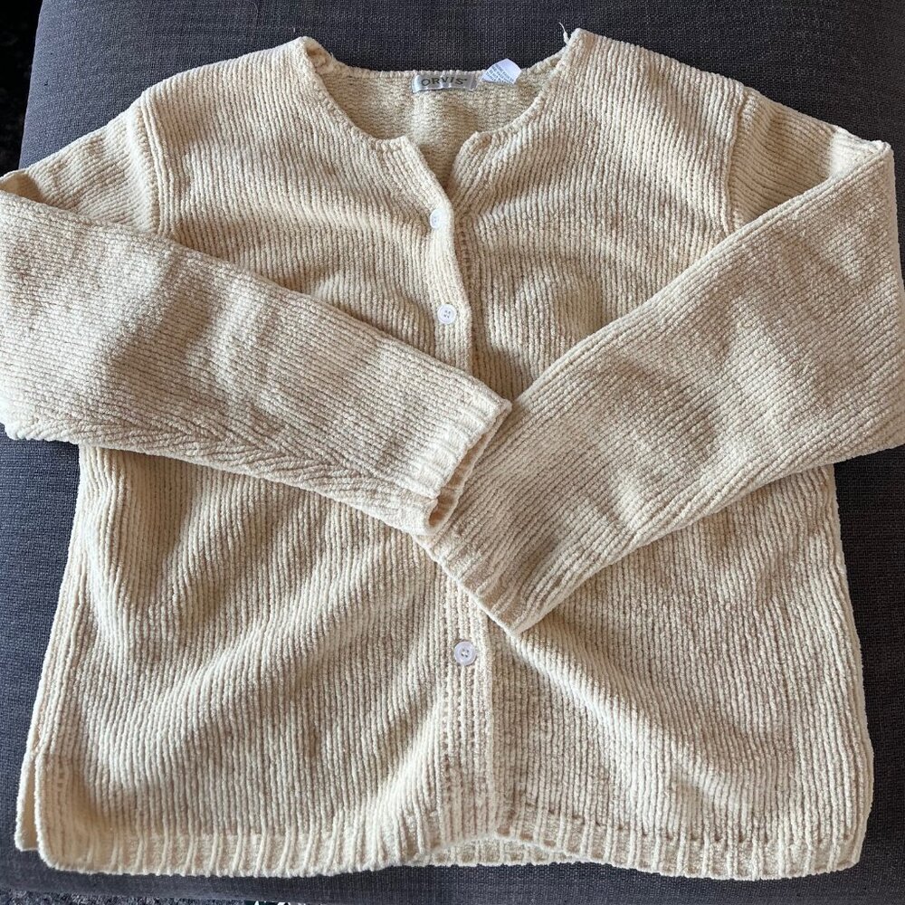 Orvis Womens Large Creamy Light Yellow Chunky Knit Cardigan Button Up Sweater